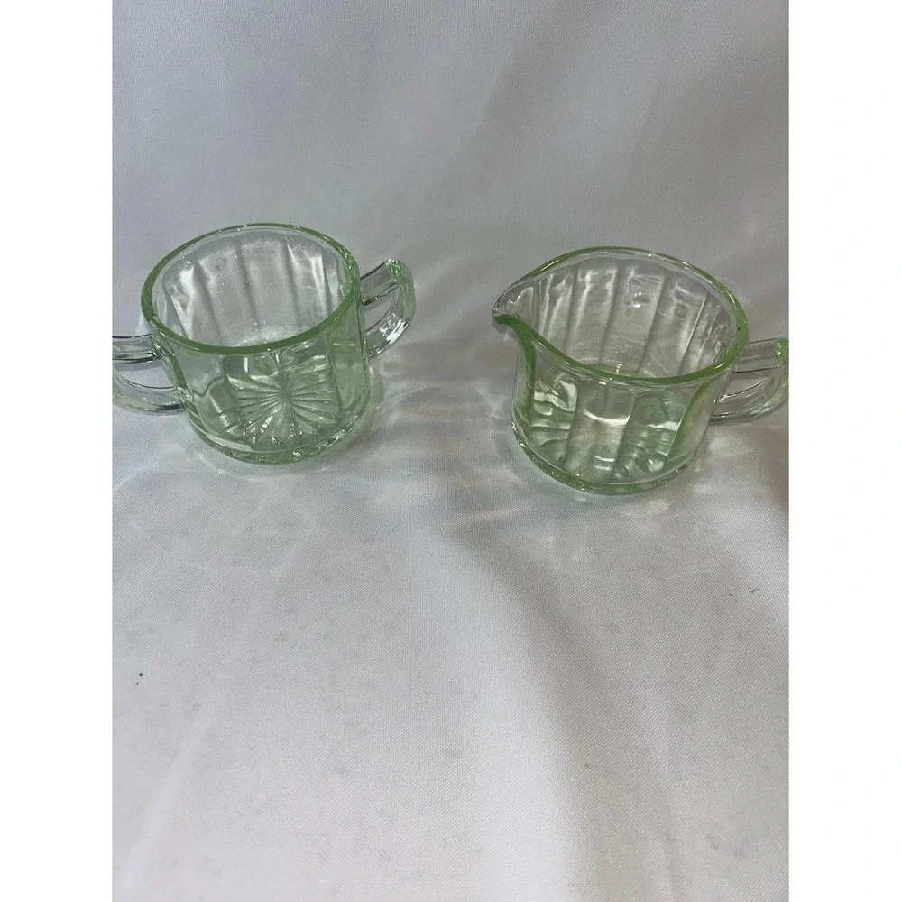 Vintage Uranium Glass Creamer and Sugar Bowl Set Paneled Starburst UV Reactive